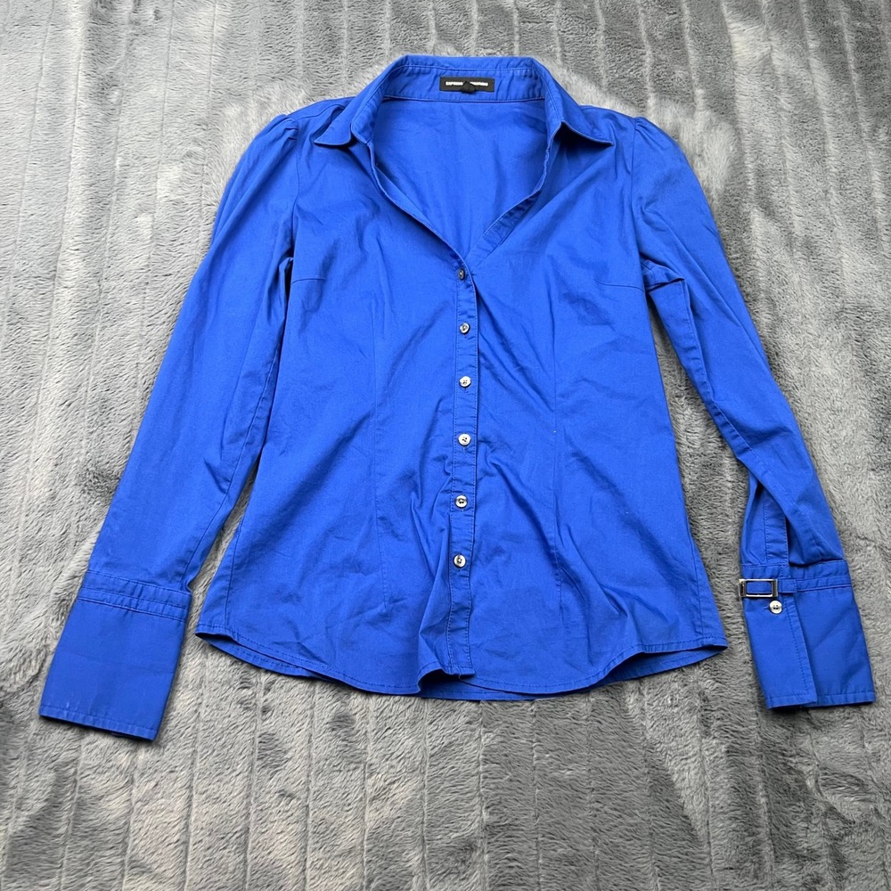 Express Design Studio Womens Royal Blue Buckle Cuff Button Down Shirt Small